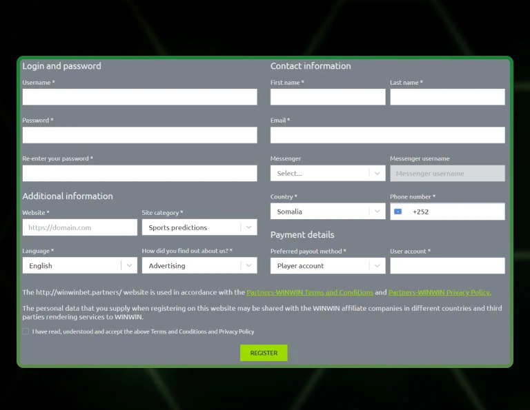 Affiliate sign-up form page